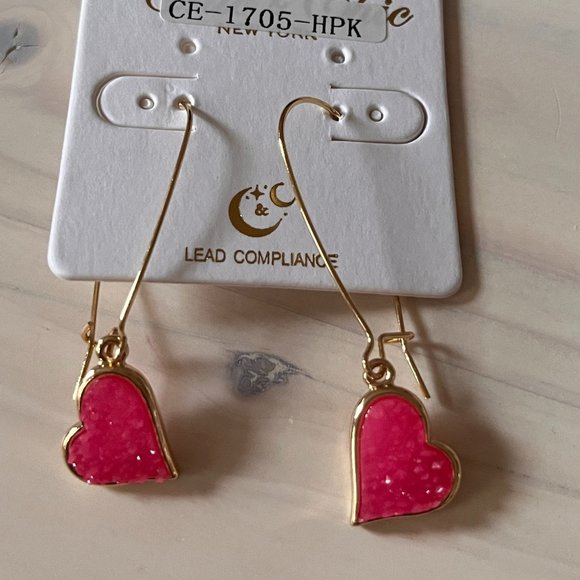 Hot Pink Druzy Heart Threader Earrings for Women, Sparkly Gold Tone Long Dangles - Picture 1 of 4